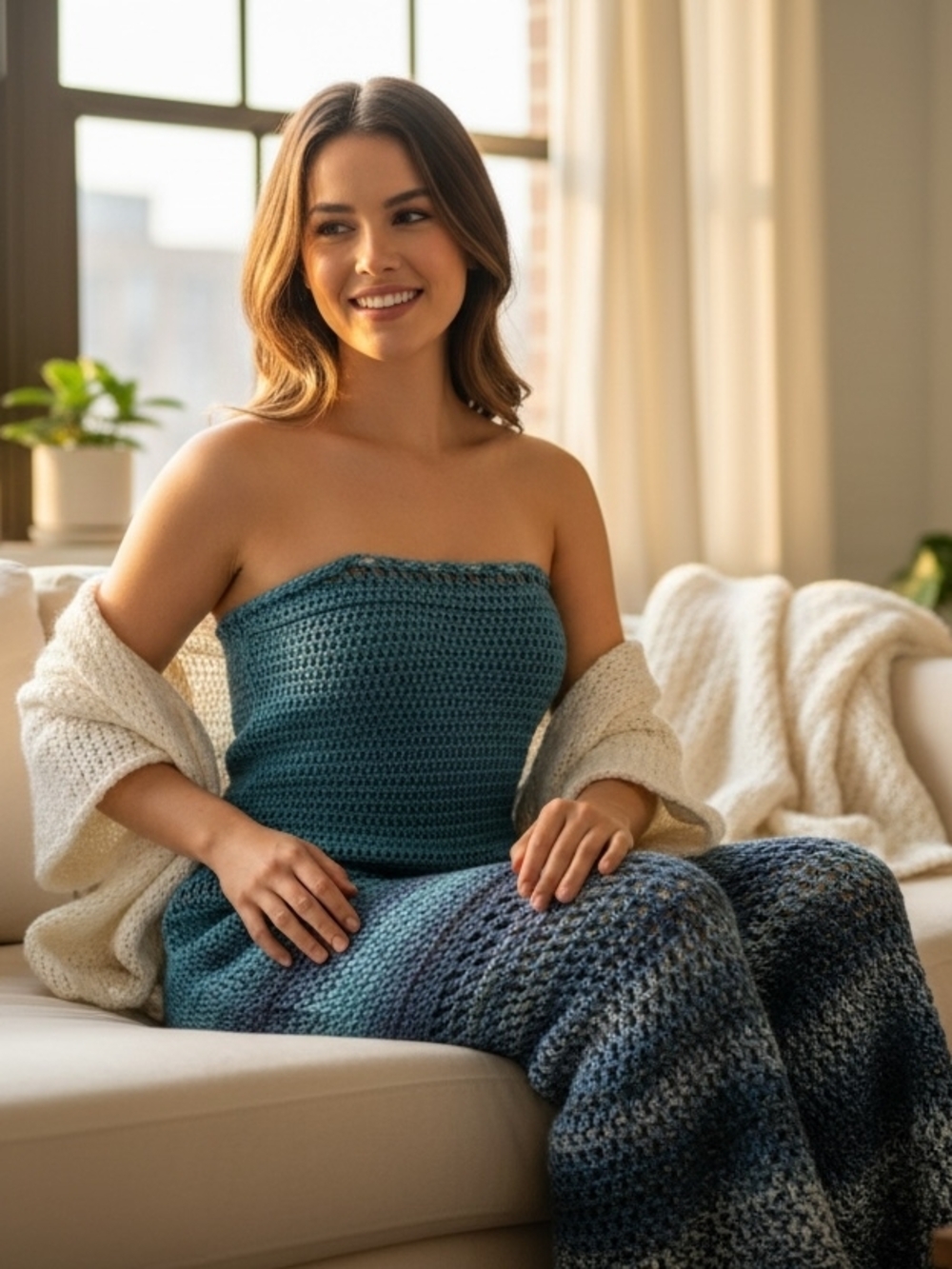 Strapless Teal Crochet Dress with Gradient Knit Skirt